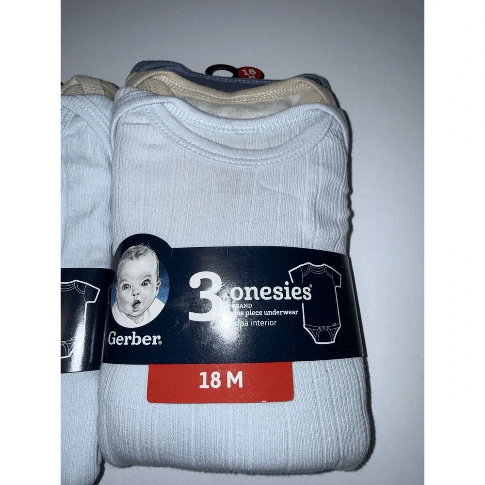 Gerber Baby 6 Onesies Ribbed Bodysuits Blue Beige 12M 18M Cotton Shower Bday NIP
